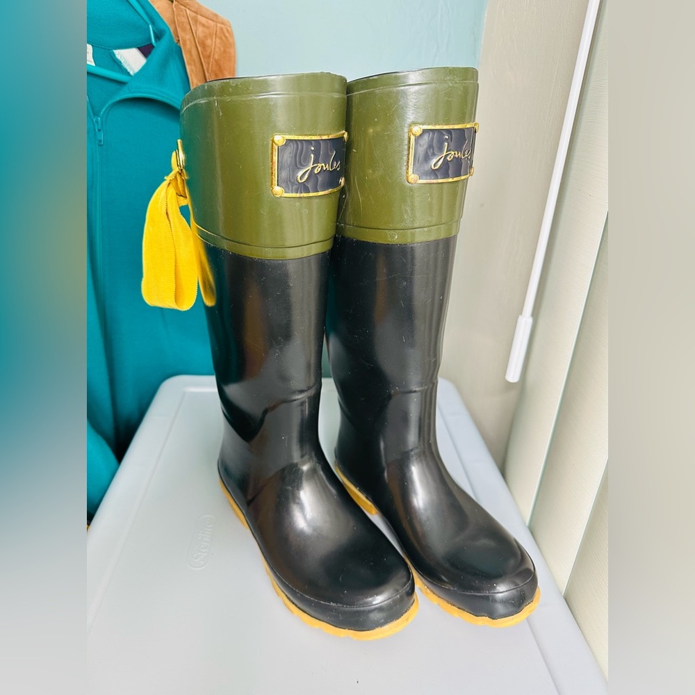 Joules Evedon Tall Rain Boots Green Black Yellow Ribbon Waterproof Size 5